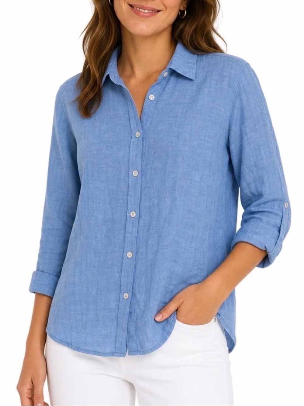 Orvis Classic Collection Blue Button-Front Women's Shirt Linen Blend Size Large